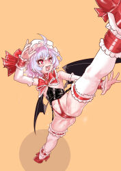1girl bat_wings blue_hair cameltoe commentary_request fangs flat_chest frilled_thighhighs frills groin hat highres mersoleil03 mob_cap navel open_mouth red_eyes remilia_scarlet short_hair smile solo split spread_legs standing standing_on_one_leg standing_split thighhighs touhou touhou_tag_dream wings wrestling_outfit