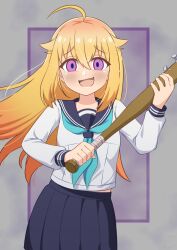 1girl ahoge aqua_neckerchief baseball_bat blonde_hair blue_neckerchief blue_sailor_collar blue_skirt blush commentary crazy_eyes floating_hair hair_between_eyes hair_flaps highres hino_minami_high_school_uniform holding holding_baseball_bat koshi_torako long_hair long_sleeves neckerchief open_mouth purple_eyes sailor_collar school_uniform serafuku shikanoko_nokonoko_koshitantan shirt skirt smile solo wakata24s white_serafuku white_shirt