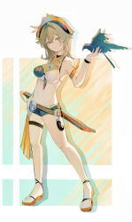 1girl bikini bird bird_on_hand black_shorts breasts brown_hair commentary grey_eyes hair_intakes hat highres honkai_(series) honkai_impact_3rd medium_breasts medium_hair micro_shorts mrruaaa multicolored_bikini navel official_alternate_costume pirate_hat sandals shorts simple_background smile solo stomach swimsuit sword symbol-only_commentary thigh_strap two-tone_bikini vill-v vill-v_(i&#039;m_the_storm) weapon