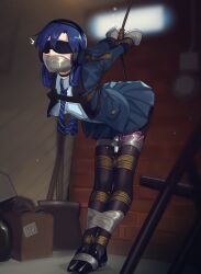 1girl absurdres arms_behind_back basement bdsm blindfold blue_hair blush bondage bound breasts cad_(caddo) choker crotch_rope forced_orgasm full_body gag highres hitachi_magic_wand idolmaster improvised_gag indoors jacket kisaragi_chihaya leaning_forward legs_tied_together long_hair long_sleeves necktie open_clothes open_jacket pleated_skirt pussy_juice remote_control_vibrator second-party_source sex_toy skirt small_breasts tape tape_gag taped_hands tearing_up vibrator wince