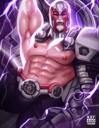 Rule 34 | 1boy, artist name, bara, beard, black pants, copyright request, facial hair, helmet, highres, kaysuoae, magneto, male focus, marvel, marvel rivals, mature male, nipples, official alternate costume, pants, purple eyes, thunder, x (symbol)