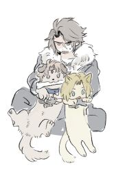 3boys :3 animal animalization bartz_klauser blonde_hair blue_eyes bone bone_in_mouth brown_hair cat chocobo collar dissidia_final_fantasy dog final_fantasy final_fantasy_ix final_fantasy_v final_fantasy_viii fur_trim holding holding_animal holding_cat holding_dog kebe6p male_focus multiple_boys open_mouth scar scar_on_face short_hair sitting squall_leonhart sweatdrop white_background zidane_tribal