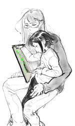 Rule 34 | 2girls, absurdres, ahoge, asakusa midori, asymmetrical bangs, black hair, commentary, drawing (action), eizouken ni wa te wo dasu na!, english commentary, freckles, glasses, goblet 42, greyscale, highres, holding, holding pencil, kanamori sayaka, long hair, monochrome, multiple girls, pencil, pencil behind ear, short hair, sketch, white background