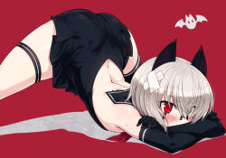 1girl animal_ears arm_rest ass backless_dress backless_outfit bandaid bandaid_on_head bare_shoulders bat_(animal) bat_ears black_dress black_gloves black_thighhighs blue_eyes blush breast_press commentary_request dress elbow_gloves flexible glasses gloves hands_on_ground heterochromia jack-o&#039;_challenge looking_at_viewer original rectangular_eyewear red_background red_eyes simple_background sleeveless sleeveless_dress solo spread_legs stretching sweatdrop thighhighs thighs top-down_bottom-up umaway v-shaped_eyebrows wide_spread_legs