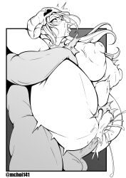 arrancar artist_name bleach border breasts cum cum_in_ass cum_in_pussy cumdrip ejaculating_while_penetrated ejaculation facial_mark full_nelson hetero highres large_breasts long_hair mask mask_on_head mchoi141 monochrome nelliel_tu_odelschwanck nipples nude open_mouth sex sex_from_behind simple_background skull_on_head tongue tongue_out white_border