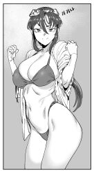 1girl bikini breasts bursting_breasts cleavage curvy goggles goggles_on_head hair_ribbon half-closed_eyes highres japanese_clothes large_breasts long_hair looking_at_viewer low_ponytail mask miko monochrome navel open_clothes ponytail ribbon seductive_gaze seductive_smile sengoku_ace sengoku_blade smile smug solo swimsuit thick_thighs thighs thong_bikini togashi_koyori toned wide_hips