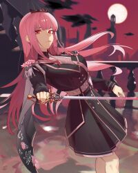 1girl alternate_costume bird black_bird breasts closed_mouth crow dress floral_print foreshortening highres holding hololive hololive_english jacket jewelry large_breasts legwear_garter long_hair long_sleeves looking_at_viewer military_lolita military_uniform moonlight mori_calliope necktie ninochuu pink_eyes pink_hair railing red_eyes red_sky shirt skirt sky solo standing tiara underworld virtual_youtuber