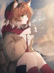 1girl animal_ear_fluff animal_ears ankoro_mochi arknights black_hat blush brown_jacket cat_ears cat_girl coffee_mug cup green_eyes hat highres holding holding_cup jacket kneehighs mousse_(arknights) mug open_mouth orange_hair red_scarf red_socks scarf shirt short_hair sitting socks solo white_shirt