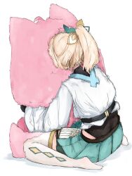 1girl absurdres ahoge animal_ears blonde_hair from_behind green_skirt hakui_koyori highres hololive hug hug_from_behind japanese_clothes kazama_iroha kazama_iroha_(1st_costume) kimono long_hair long_sleeves mofukoyo_(hakui_koyori) no_shoes pink_hair pleated_skirt ponytail simple_background sitting skirt suzu_coconatu thighhighs wariza white_background white_kimono white_thighhighs wolf_ears