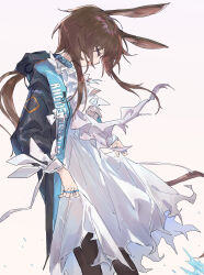 1girl :d absurdres amiya_(arknights) animal_ear_fluff animal_ears arknights black_jacket brown_hair brown_pantyhose closed_eyes commentary_request dress from_side grey_background highres hood hood_down hooded_jacket jacket long_hair long_sleeves open_clothes open_jacket open_mouth pantyhose profile puffy_long_sleeves puffy_sleeves rabbit_ears sao7 simple_background skirt_hold smile solo standing torn_clothes torn_dress very_long_hair white_dress