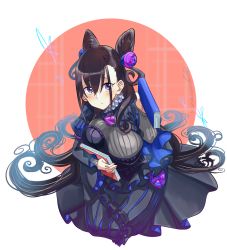 1girl :o black_dress blue_dress blush book breast_press breasts bug butterfly commentary cone_hair_bun corset double_bun dress eyebrows fate/grand_order fate_(series) frilled_shirt_collar frills from_above gem hair_between_eyes hair_bun hair_ornament holding holding_book insect juliet_sleeves kneeling large_breasts long_hair long_sleeves looking_at_viewer looking_up murasaki_shikibu_(fate) puff_and_slash_sleeves puffy_sleeves purple_eyes purple_gemstone red_circle sagamiso solo spiral striped twitter_username very_long_hair