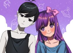 Rule 34 | 1boy, 1girl, antenna hair, arms at sides, aubrey (headspace) (omori), aubrey (omori), bare shoulders, black eyes, black hair, black tank top, blue shirt, bow, bra strap, bright pupils, closed mouth, cloud, collarbone, colored skin, commentary request, double-parted bangs, frown, hair behind ear, hair between eyes, hair bow, head tilt, heads together, highres, light particles, long hair, looking at another, looking at viewer, looking to the side, omori, omori (omori), outdoors, pink bow, purple eyes, purple sky, shirt, short hair, shousan (hno3syo), simple background, sky, smile, straight-on, straight hair, tank top, upper body, white pupils, white skin