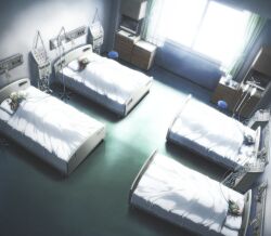 4girls arimura_hinae bed bed_sheet blonde_hair blue_hair bow chaos;child chaos_child_syndrome closed_eyes colored_skin comatose cupboard curtains dutch_angle from_above game_cg glowing_windows green_skin hair_bow highres hospital hospital_bed indoors iv_stand kazuki_hana kurusu_nono long_hair mask multiple_girls multiple_hair_bows official_art old old_woman one_side_up orange_hair respirator sasaki_mutsumi short_hair sick stool sunlight twintails under_covers white_bow wrinkled_skin yamazoe_uki
