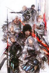 animal armor barnabas_tharmr benedikta_harman black_hair blonde_hair braid brown_hair cidolfus_telamon clive_rosfield dion_lesage dog facial_hair facial_tattoo feather_collar final_fantasy final_fantasy_xvi frilled_skirt frills greatsword grey_hair highres holding holding_animal holding_dog holding_sword holding_weapon hugo_kupka jill_warrick joshua_rosfield long_hair long_sleeves multicolored_clothes multiple_boys multiple_girls multiple_weapons official_art polearm puffy_long_sleeves puffy_sleeves puppy rapier short_hair shoulder_armor skin_tight skirt sword sword_on_back takahashi_kazuya tattoo torgal_(ff16) weapon weapon_on_back white_background