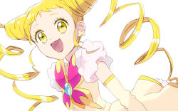 1girl :d blonde_hair buntatta butterfly_brooch butterfly_earrings cone_hair_bun cure_lemonade earrings hair_bun highres jewelry long_hair looking_at_viewer open_mouth precure puffy_short_sleeves puffy_sleeves short_sleeves smile solo white_background yellow_eyes yes!_precure_5