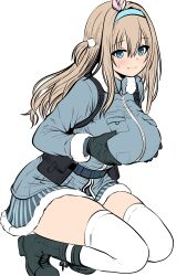 1girl absurdres blonde_hair blue_eyes blue_hairband blue_jacket blush breasts brown_hair ding36 girls&#039;_frontline girls&#039;_frontline_2:_exilium gloves hair_between_eyes hair_ornament hairband highres jacket large_breasts long_hair looking_at_viewer meme next_time_you&#039;re_getting_this_(meme) sidelocks skirt snowflake_hair_ornament solo striped_clothes striped_skirt suomi_(girls&#039;_frontline) suomi_(girls&#039;_frontline_2) thighhighs vertical-striped_clothes vertical-striped_skirt white_thighhighs