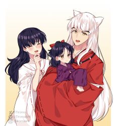 2girls absurdres animal_ears barefoot bead_necklace beads black_hair blush bow brown_eyes child closed_eyes crossed_arms dog_boy dog_ears family father_and_daughter furrowed_brow hair_between_eyes hair_bow han&#039;you_no_yashahime hand_to_own_mouth highres higurashi_kagome husband_and_wife instagram_username inuyasha inuyasha_(character) japanese_clothes jewelry kimono laughing long_hair miko moroha mother_and_daughter multiple_girls necklace open_mouth parted_bangs purple_kimono red_bow red_shirt shirt sidelocks smile tiroma tooth_necklace twitter_username upper_body white_hair white_shirt yellow_background yellow_eyes