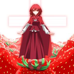 1girl ankle_boots boots cape cross female_focus food fruit full_body highres in_food kugi_(kugi-xiv) long_sleeves looking_at_viewer mini_person minigirl okazaki_yumemi open_hands oversized_object pigeon-toed red_eyes red_hair red_theme ribbon short_hair sidelocks skirt skirt_set smile solo standing strawberry touhou touhou_(pc-98) vest waistcoat wrists_extended