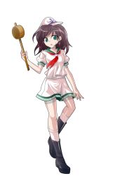 1girl :o anchor_print anchor_symbol arm_at_side black_boots boots breasts brown_hair collarbone commentary_request dairi full_body green_eyes green_sailor_collar hand_up hat highres hishaku holding kneehighs large_variant_set long_hair looking_at_viewer medium_breasts miniskirt murasa_minamitsu neckerchief parted_lips pink_hat pink_serafuku pink_shirt pink_skirt pink_socks puffy_short_sleeves puffy_sleeves raised_inner_eyebrows red_neckerchief sailor_collar sailor_hat school_uniform serafuku shirt short_sleeves simple_background skirt socks solo standing standing_on_one_leg sweatdrop tachi-e touhou transparent_background variant_set wispy_bangs