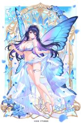 1girl absurdres barefoot bikini blue_bikini blue_butterfly blue_flower blue_gemstone blue_nails blue_wings breasts bug butterfly butterfly_wings cleavage commentary_request feet fingernails flower full_body gem hair_between_eyes hair_flower hair_ornament highres indie_virtual_youtuber insect insect_wings lalazyt large_breasts light_blush long_hair mole mole_under_eye nail_polish navel purple_eyes purple_flower purple_hair solo star_(symbol) star_in_eye stomach swimsuit symbol_in_eye thigh_strap toenail_polish toenails very_long_hair virtual_youtuber wings