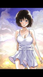 1girl alternate_breast_size amagami bare_shoulders black_hair blush breasts cleavage closed_mouth collarbone cowboy_shot dress frilled_dress frills grey_eyes highres large_breasts looking_at_viewer nanasaki_ai shinshiya_san short_hair signature sky sleeveless sleeveless_dress solo sundress white_dress