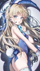 1girl absurdres animal_ears blonde_hair blue_archive blue_eyes blue_halo blue_leotard bow commentary fake_animal_ears halo highres leotard long_hair official_alternate_costume playboy_bunny rabbit_ears rabbit_tail solo strapless strapless_leotard tail thighhighs toki_(blue_archive) toki_(bunny)_(blue_archive) umou_(umouawa) white_thighhighs wrist_cuffs