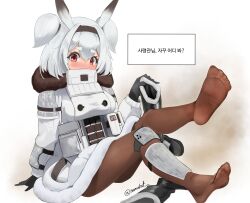 1girl absurdres alvis_(last_origin) animal_ears black_boots blush boots feet highres last_origin looking_at_viewer medium_hair namukot pantyhose red_eyes shoes short_twintails soles steam toes translated twintails unworn_boots unworn_shoes white_hair