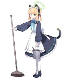 Rule 34 | 1girl, animal ear headphones, animal ears, apron, blue archive, blue ribbon, broom, bucket, cat ear headphones, derivative work, dress, duochichufanghuashengmi, fake animal ears, halo, headphones, holding, holding broom, holding bucket, long sleeves, looking at viewer, maid, maid headdress, midori (blue archive), midori (maid) (blue archive), ribbon, tail