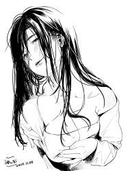 1girl 2016 artist_name bad_id bad_twitter_id black_hair blush breasts breasts_squeezed_together cleavage collarbone commentary dated female_focus greyscale highres kamiyama_aya large_breasts long_hair looking_at_viewer monochrome original parted_lips shirt_slip signature sketch solo teeth upper_body