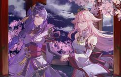2girls absurdres animal_ear_piercing animal_ears armor asymmetrical_sleeves back_bow bare_shoulders blue_pupils blunt_bangs bow braid bridal_gauntlets cherry_blossoms chinese_commentary closed_mouth clothing_cutout cloud cloudy_sky couple detached_sleeves fan_hair_ornament flower_ornament fox_ears fox_girl from_side genshin_impact gradient_hair hair_between_eyes hair_ornament head_tilt headpiece highres holding_hands japanese_clothes jewelry kimono light_smile long_braid long_hair long_sleeves looking_at_another looking_to_the_side mitsudomoe_(shape) mole mole_under_eye multicolored_eyes multicolored_hair multiple_girls neck_ribbon night night_sky nontraditional_miko outdoors parted_lips pendant pink_hair pink_lips purple_eyes purple_hair purple_kimono purple_sky raiden_shogun red_ribbon red_sash ribbon sash shade shoulder_armor shoulder_cutout single_braid siyanghuasanke sky standing streaked_hair tomoe_(symbol) uneven_sleeves upper_body wavy_hair wide_sleeves yae_miko yuri