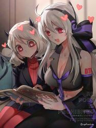 Rule 34 | 2girls, :d, absurdres, black jacket, black sleeves, book, breasts, cleavage, commentary, commission, crossover, demon girl, detached sleeves, english commentary, grey hair, helltaker, highres, holding, holding book, jacket, long hair, medium hair, midriff, modeus (helltaker), multiple girls, navel, noah (tettsui-sole), open mouth, red eyes, red sweater, sitting, smile, sweater, twitter username, vocaloid, watermark, yowane haku