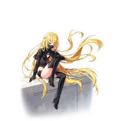 Rule 34 | 1girl, black boots, black gloves, black shirt, black shorts, black thighhighs, blonde hair, boots, braid, breasts, cleavage cutout, closers, clothing cutout, crop top, floating hair, full body, gloves, high heel boots, high heels, highres, knee up, long hair, long sleeves, looking down, lucy (closers), mask, micro shorts, midriff, mouth mask, official art, shirt, shorts, sitting, small breasts, solo, thigh boots, thighhighs, thighs, transparent background, very long hair, yellow eyes
