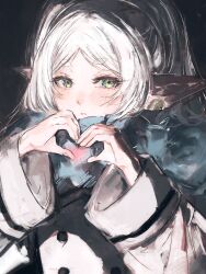 Rule 34 | 1girl, blue scarf, coat, elf, eyelashes, frieren, green eyes, heart, heart hands, highres, long hair, long sleeves, looking at viewer, moku (muooku), parted lips, pointy ears, scarf, short eyebrows, solo, sousou no frieren, upper body, white coat, white hair