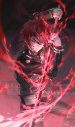 1boy ahoge arms_up artist_name black_pants black_streaks blue_eyes chinese_commentary cowboy_shot gakuran gloves holding holding_sword holding_weapon last_defense_academy_school_uniform looking_at_viewer male_focus multicolored_hair pandasiren pants red_fire red_hair school_uniform short_hair solo streaked_hair sumino_takumi sword the_hundred_line_-last_defense_academy- watermark weapon white_gloves