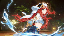 1girl absurdres asazako blue_veil breasts closed_mouth fake_horns genshin_impact green_eyes harem_outfit highres horns long_hair long_sleeves medium_breasts midriff navel nilou_(genshin_impact) red_hair smile solo stomach twintails veil water