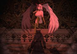 1girl 1other artist_name belt bird_girl black_coat black_hair black_hat black_souls black_souls_2 black_wings bloodborne blurry breasts coat commentary_request evil_smile from_behind gears gun hat holding holding_gun holding_weapon jubjub_(black_souls) large_breasts looking_down monster_girl multicolored_hair musical_note musical_staff nipples nude red_eyes saw saw_cleaver smile talons weapon white_hair white_wings wings xun_lin_(pixiv_93392103) yellow_eyes