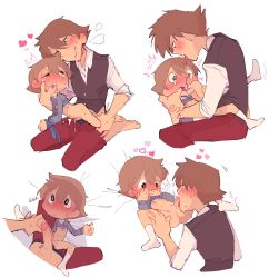 2boys age_difference anal blush bottomless brown_hair clive_dove cum drooling fellatio heart highres licking licking_penis luke_triton lying male_focus male_penetrated multiple_boys nipples on_back on_lap open_mouth oral penis penis_size_difference precum professor_layton sex short_hair shota simple_background small_penis socks spread_legs testicles tnso white_background yaoi
