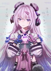 1girl asymmetrical_gloves blue_gloves chinese_clothes closed_mouth double_bun fingerless_gloves gloves hair_bun hair_ornament hairclip headphones heart heart_hands highres long_hair looking_at_viewer mismatched_gloves miyabihage pink_gloves pink_hair punishing:_gray_raven purple_eyes solo sweatdrop teddy_(pgr) translation_request