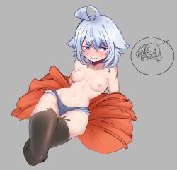 1girl ahoge angel_engine_x black_thighhighs blue_eyes blue_hair blush breasts breasts_out grey_background highres medium_hair original simple_background small_breasts solo thighhighs topless_female