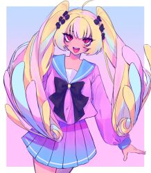 1girl ahoge alternate_skin_color aqua_hair black_bow blonde_hair blue_sailor_collar bow chouzetsusaikawa_tenshi-chan dark-skinned_female dark_skin gradient_background gradient_clothes gradient_skirt hair_between_eyes hair_bow highres long_hair long_sleeves multicolored_hair multiple_hair_bows needy_girl_overdose niwatonira open_mouth pink_hair pink_serafuku pink_shirt pleated_skirt red_eyes sailor_collar school_uniform serafuku shirt skirt tsurime twintails