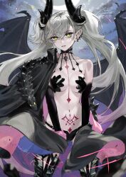 1girl black_panties black_wings body_markings breasts collarbone colored_extremities commentary crossed_bangs demon_girl demon_horns demon_wings earrings fadingz fate/grand_order fate_(series) grey_hair hair_between_eyes highres horns jewelry lilith_(fate) lilith_(second_ascension)_(fate) long_hair looking_at_viewer medium_breasts navel panties pixiv_id pointy_ears pubic_tattoo signature single_bare_shoulder solo tattoo twintails underwear very_long_hair wings yellow_eyes