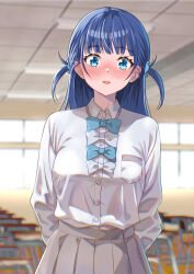 Rule 34 | 1girl, absurdres, alternate hairstyle, basori tiara, blue bow, blue bowtie, blue eyes, blue hair, blurry, blurry background, blush, bow, bowtie, classroom, collared shirt, commentary request, grey skirt, highres, indoors, kousan, long hair, long sleeves, looking at viewer, make heroine ga oo sugiru!, open mouth, school uniform, shirt, skirt, smile, solo, tsuwabuki high school uniform, two side up, white shirt, yellow bow, yellow bowtie