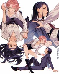 Rule 34 | 2girls, black boots, black hair, black jacket, black pants, black pantyhose, black skirt, boots, closed mouth, collar, commentary, downblouse, english commentary, green eyes, hand on another&#039;s shoulder, high heel boots, high heels, highres, holding hands, jacket, jewelry, long hair, long sleeves, multiple girls, original, pants, pantyhose, parted lips, pink hair, red nails, red velvet (group), ring, shirt, simple background, skirt, standing, straddling, tikklil, white background, white shirt, yuri