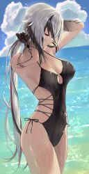 1girl absurdres arlecchino_(genshin_impact) black_hair black_one-piece_swimsuit blue_sky breasts closed_mouth cloud genshin_impact grey_hair highres long_hair medium_breasts multicolored_hair ocean one-piece_swimsuit sky solo standing swimsuit thighs two-tone_hair vitaminechan wet wet_clothes wet_swimsuit