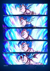 Rule 34 | 5boys, bandana, bardock, blue eyes, blue hair, character name, close-up, commentary request, cross scar, dragon ball, dragon ball heroes, dragon ball super, dragon ball super broly, highres, kanaetecho, male focus, medium hair, multiple boys, profile, red bandana, scar, scar on face, son gohan, son gohan (future), son goku, spiked hair, super saiyan, super saiyan blue, trunks (dragon ball), trunks (future) (dragon ball), vegeta