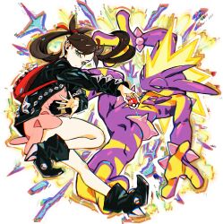 Rule 34 | 1girl, absurdres, backpack, bag, black dress, black hair, boots, closed mouth, dress, earrings, electricity, eudetenis, floating hair, full body, gen 8 pokemon, green eyes, hair ribbon, highres, jewelry, marnie (pokemon), nintendo, open hand, outstretched arm, pink dress, poke ball, poke ball (basic), pokemon, pokemon (creature), pokemon swsh, ribbon, short dress, stud earrings, toxtricity, twintails