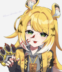 1girl animal_ears black_gloves blonde_hair blood blood_in_hair blood_on_clothes blood_on_face collared_shirt cropped_jacket fingerless_gloves gloves green_eyes grey_shirt highres jacket ju_fufu leon0630claude long_hair shirt smile solo tiger_ears tiger_girl tongue tongue_out very_long_hair yellow_jacket zenless_zone_zero