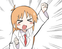 &gt;_&lt; 1girl :d absurdres blush_stickers emphasis_lines fusazakura hand_up highres lab_coat long_hair necktie nichijou open_mouth orange_hair professor_shinonome smile solo white_background