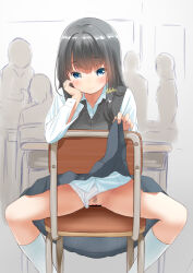 1girl 4others black_hair black_skirt blue_eyes blush buttons campsansr cardigan_vest censored chair classroom clothes_lift clothing_aside collarbone collared_shirt desk dot_nose exhibitionism eyebrows_hidden_by_hair feet_out_of_frame female_pubic_hair knee_socks loli long_hair long_sleeves looking_at_viewer multiple_others original panties panties_aside pleated_skirt pubic_hair public_indecency school_chair school_desk school_uniform shirt signature sitting skirt skirt_lift smile socks sparse_pubic_hair spread_legs straddling underwear white_panties white_shirt white_socks