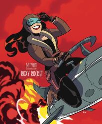 1girl aircraft batman:_the_animated_series batman_(series) belt belt_pouch black_gloves black_hair black_pants black_shirt breasts brown_belt character_name cleavage commentary copyright_name dc_comics english_commentary fur-trimmed_jacket fur_trim gloves goggles helmet iwantmystery jacket long_hair long_sleeves on_vehicle open_clothes open_jacket pants pilot_helmet piloting pouch rocket roxy_rocket shirt vehicle_focus